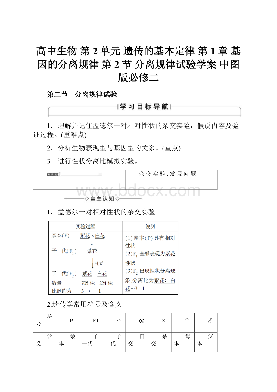 高中生物 第2单元 遗传的基本定律 第1章 基因的分离规律 第2节 分离规律试验学案 中图版必修二.docx