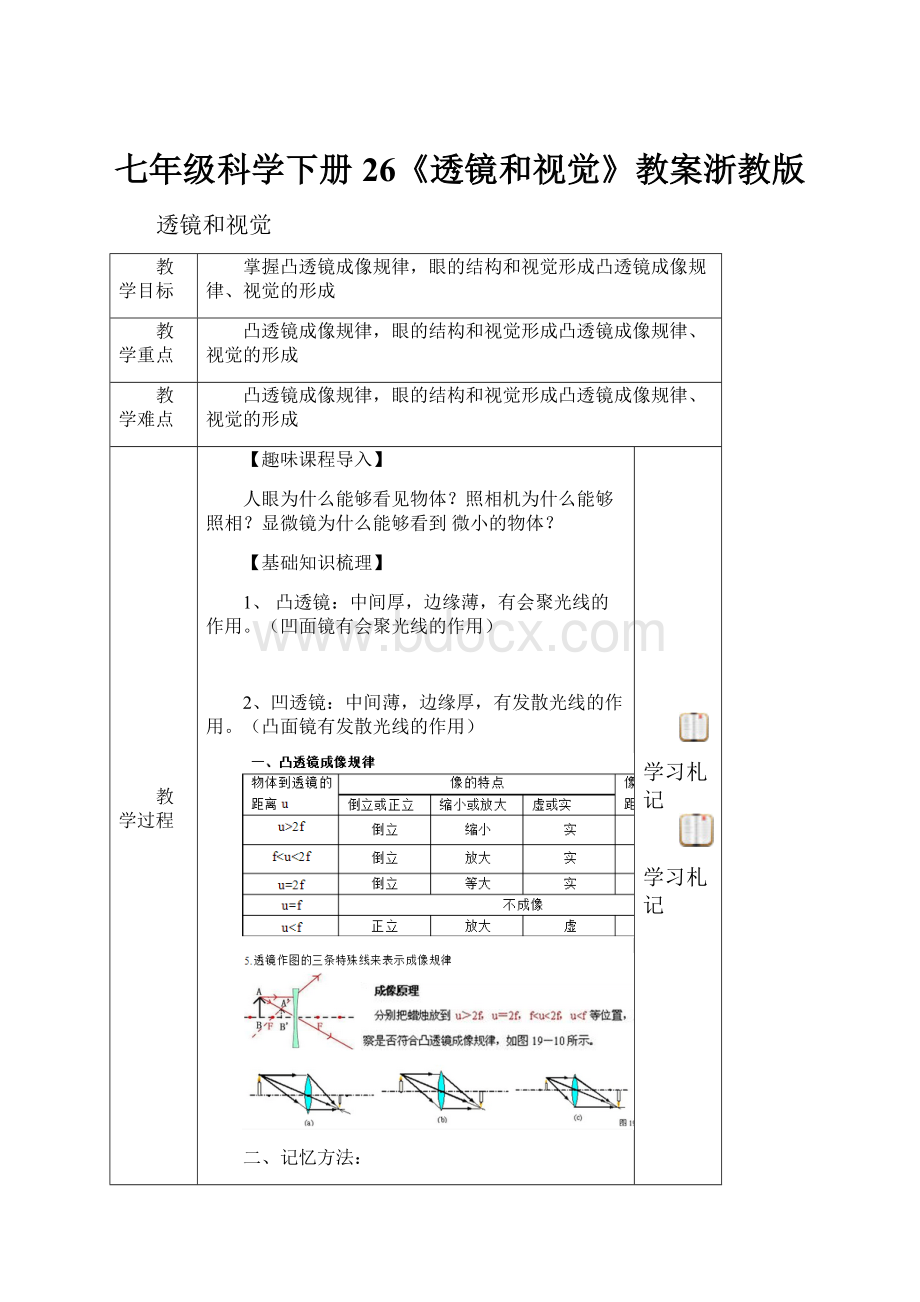 七年级科学下册26《透镜和视觉》教案浙教版.docx