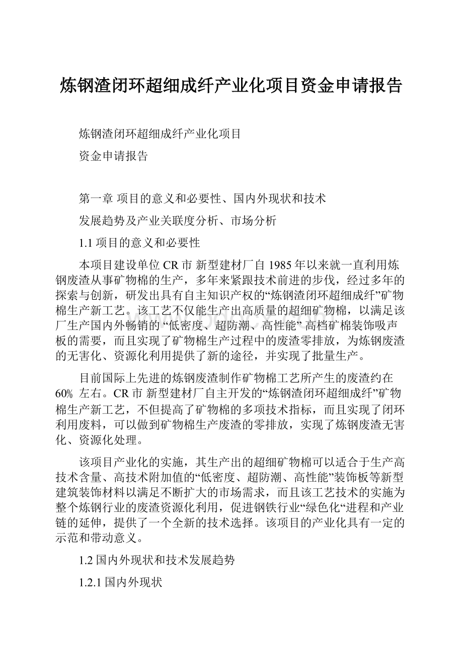 炼钢渣闭环超细成纤产业化项目资金申请报告.docx_第1页