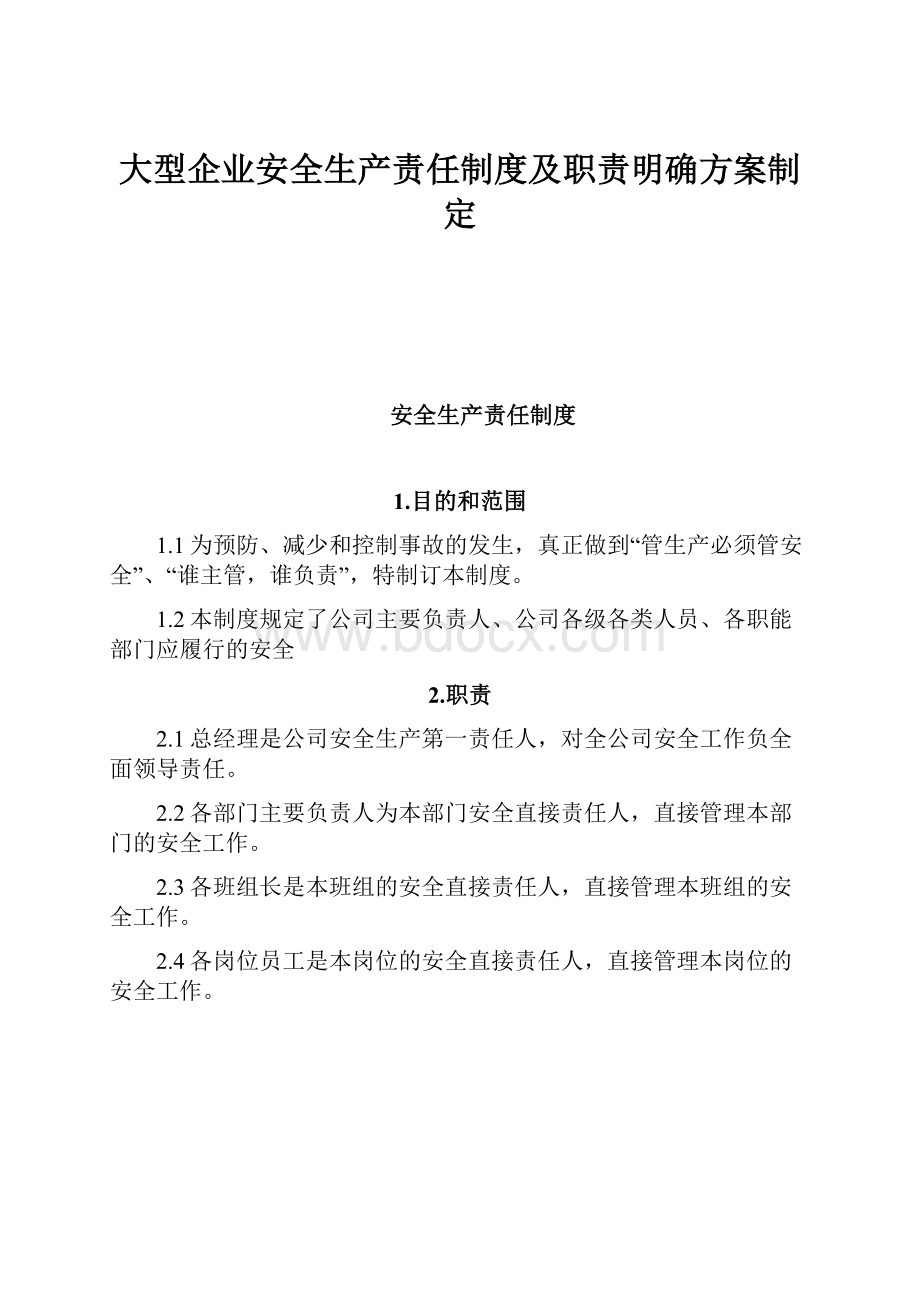 大型企业安全生产责任制度及职责明确方案制定.docx