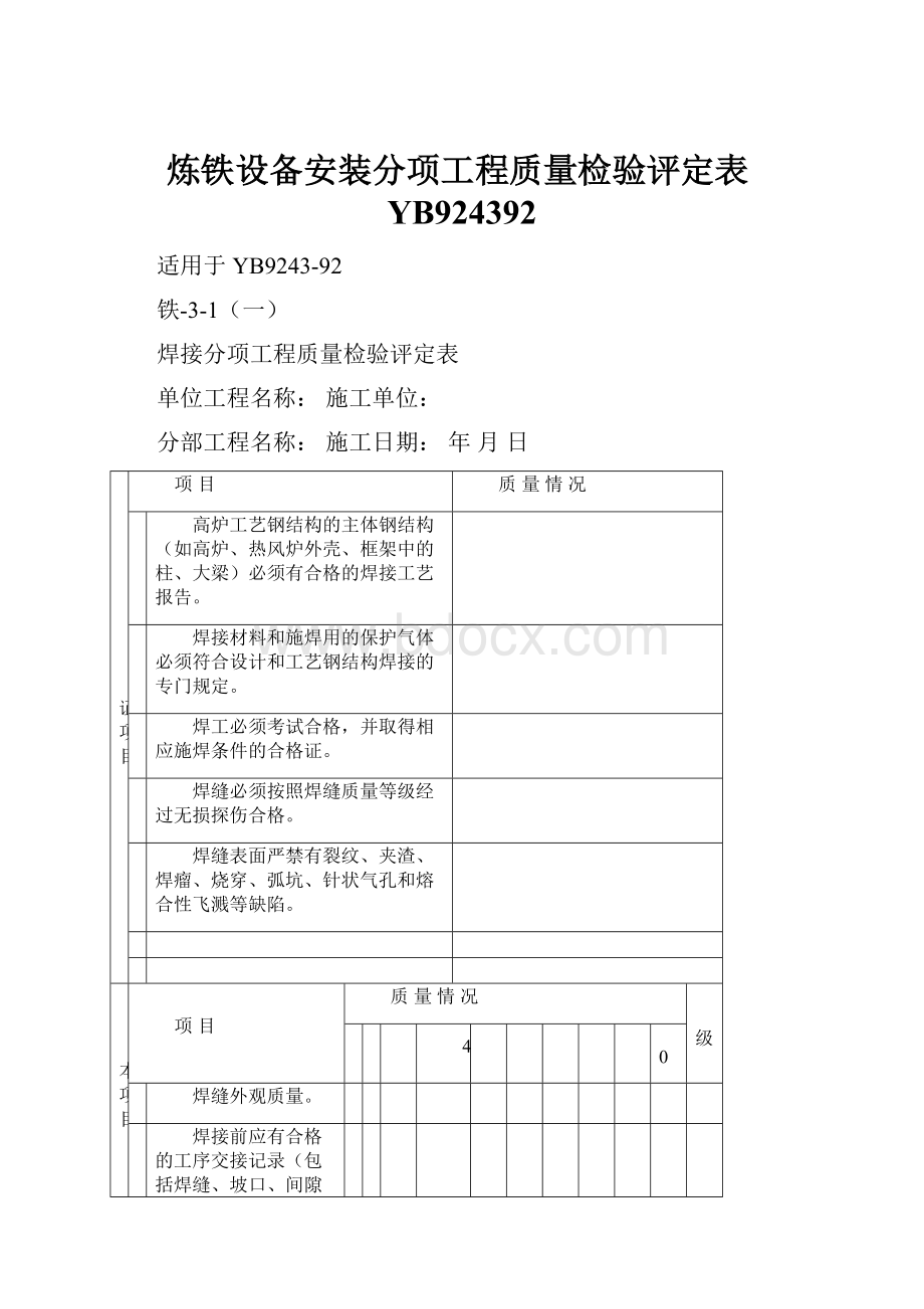 炼铁设备安装分项工程质量检验评定表YB924392.docx