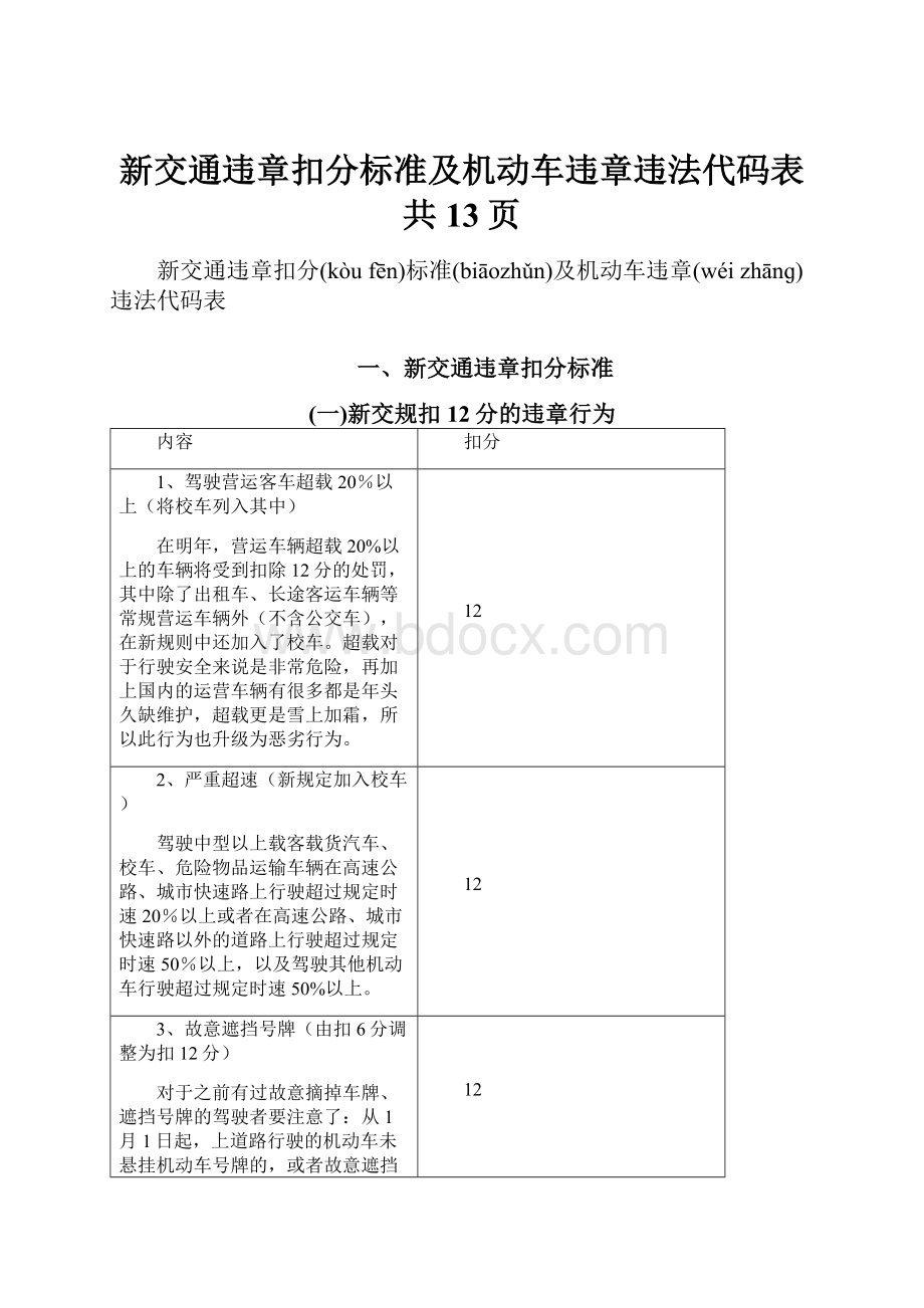 新交通违章扣分标准及机动车违章违法代码表共13页.docx