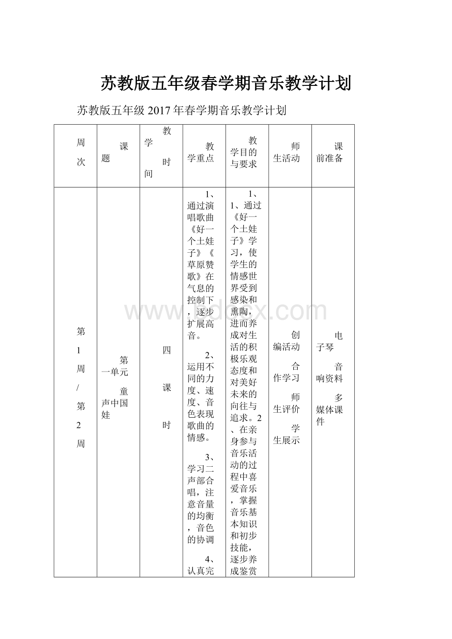 苏教版五年级春学期音乐教学计划.docx