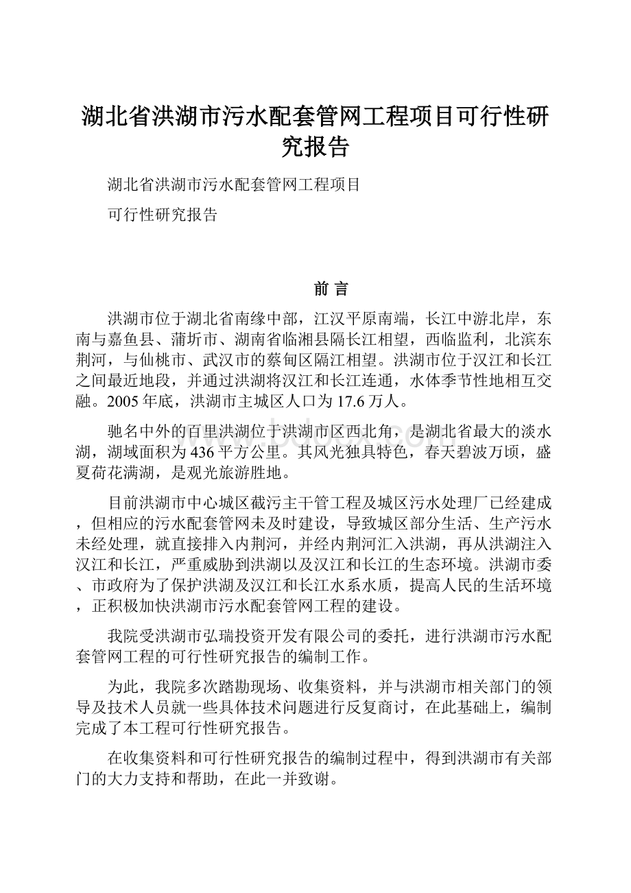 湖北省洪湖市污水配套管网工程项目可行性研究报告.docx_第1页