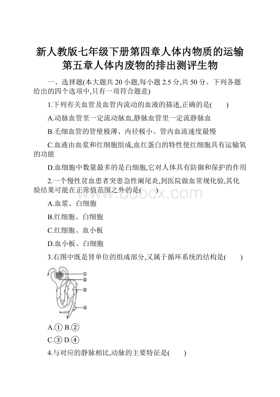 新人教版七年级下册第四章人体内物质的运输第五章人体内废物的排出测评生物.docx