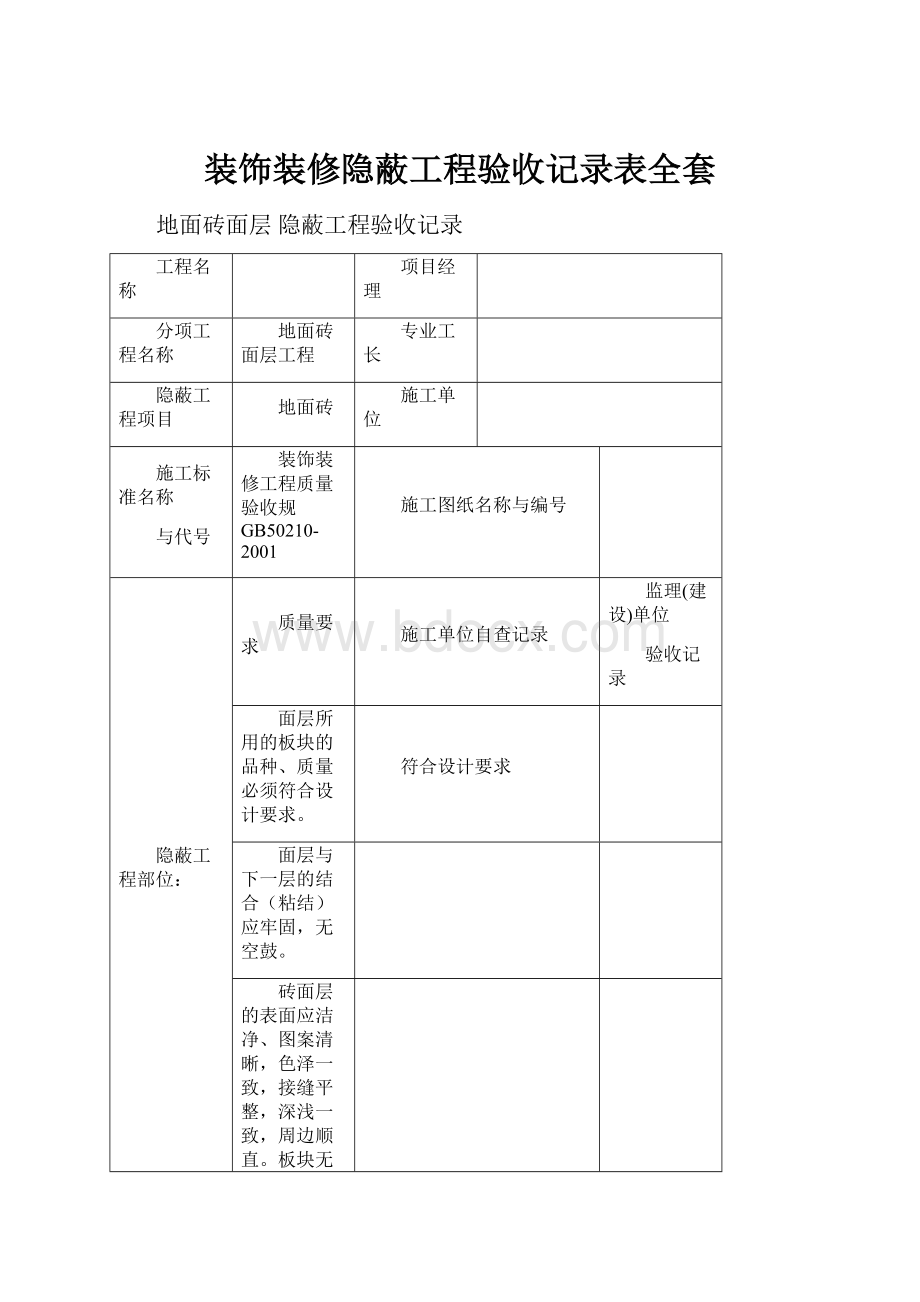 装饰装修隐蔽工程验收记录表全套.docx