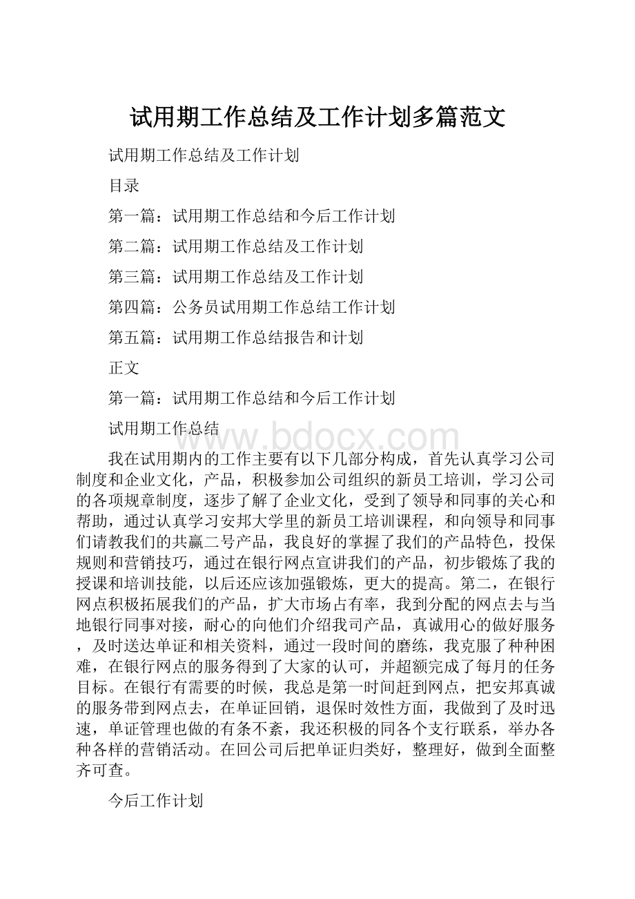 试用期工作总结及工作计划多篇范文.docx