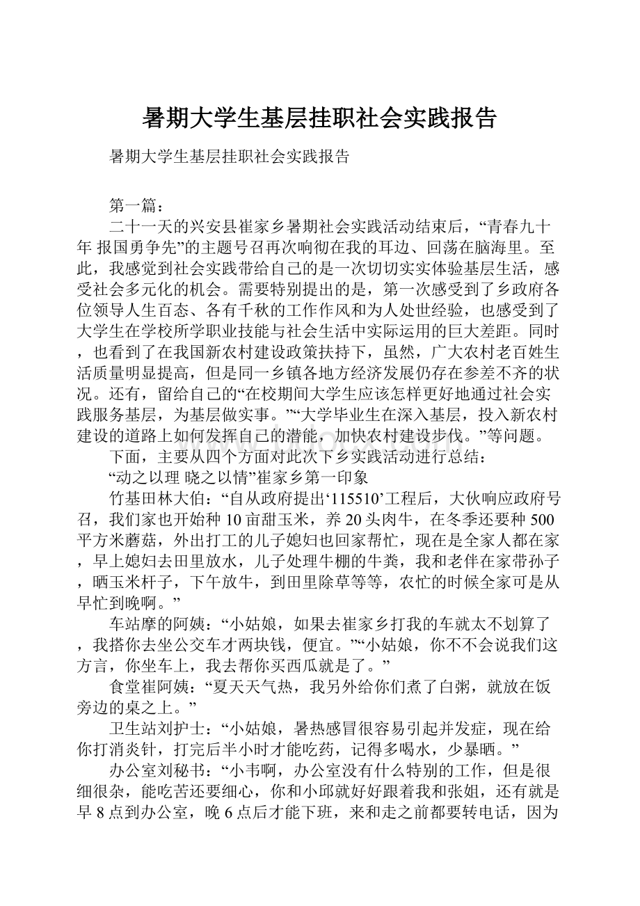 暑期大学生基层挂职社会实践报告.docx