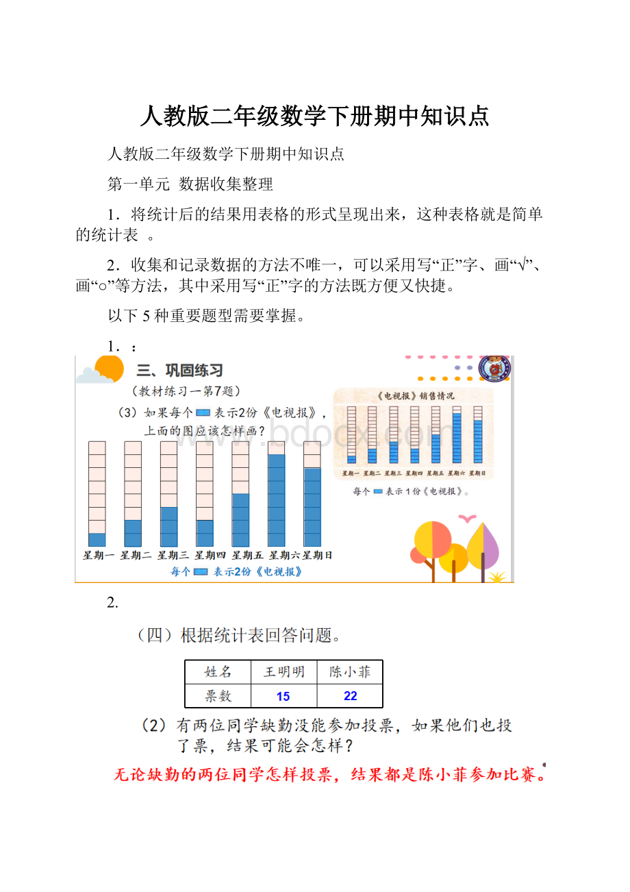 人教版二年级数学下册期中知识点.docx