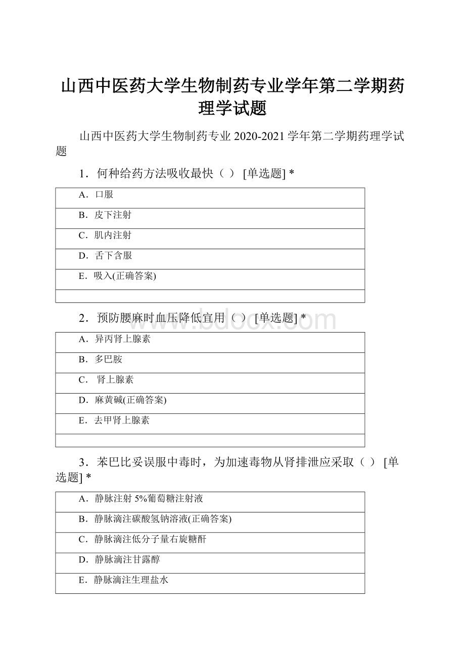 山西中医药大学生物制药专业学年第二学期药理学试题.docx