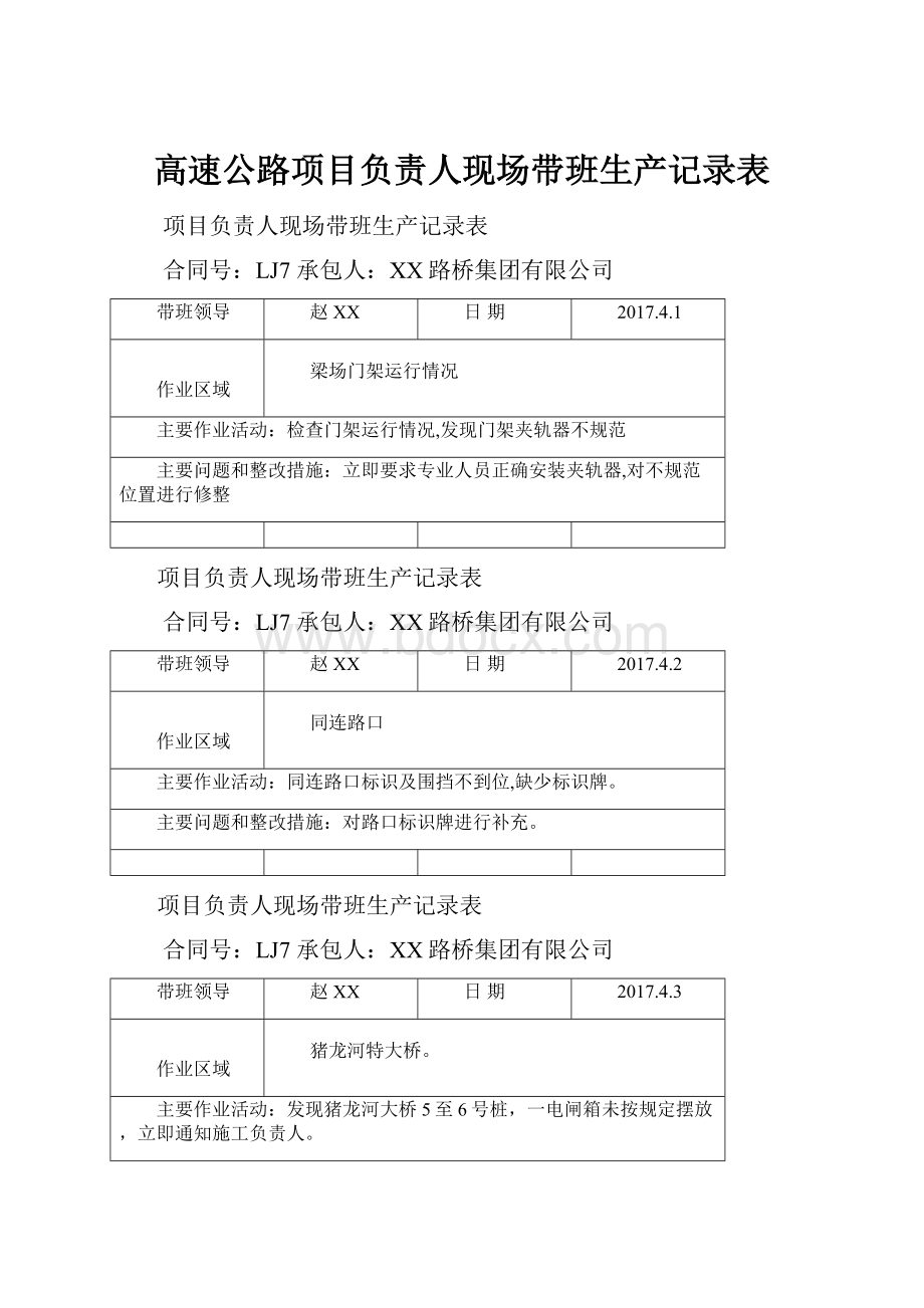 高速公路项目负责人现场带班生产记录表.docx