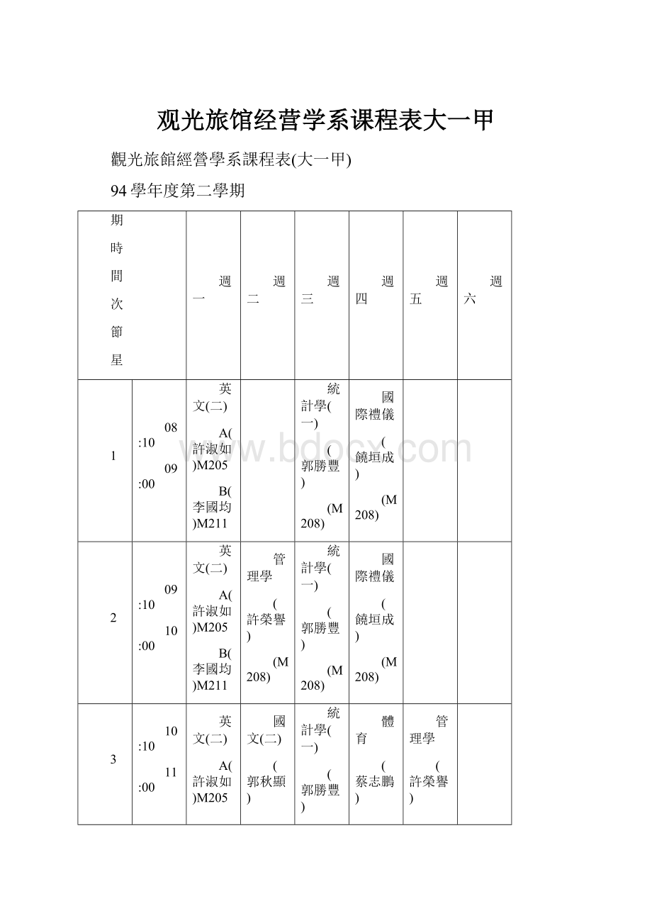 观光旅馆经营学系课程表大一甲.docx_第1页