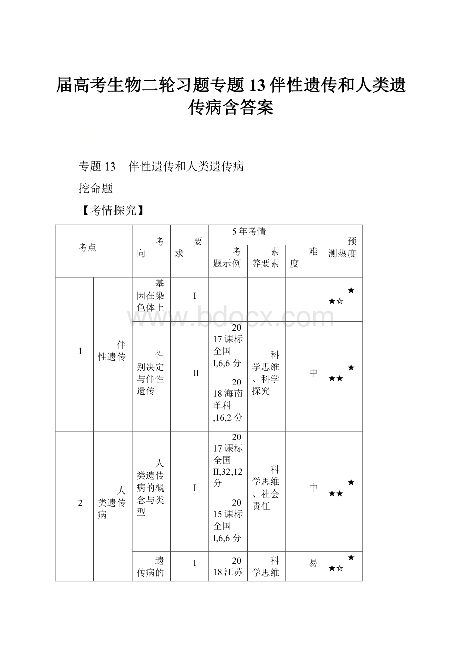 届高考生物二轮习题专题13伴性遗传和人类遗传病含答案.docx_第1页