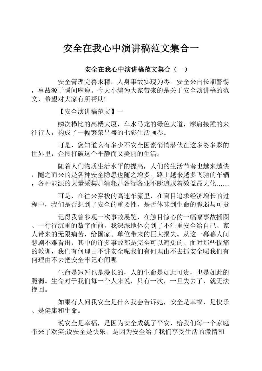 安全在我心中演讲稿范文集合一.docx