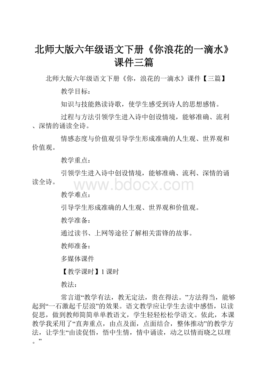 北师大版六年级语文下册《你浪花的一滴水》课件三篇.docx