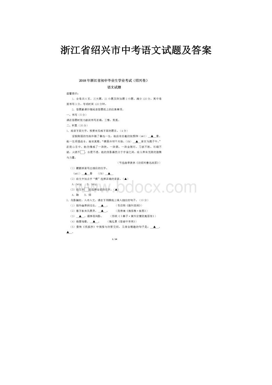 浙江省绍兴市中考语文试题及答案.docx