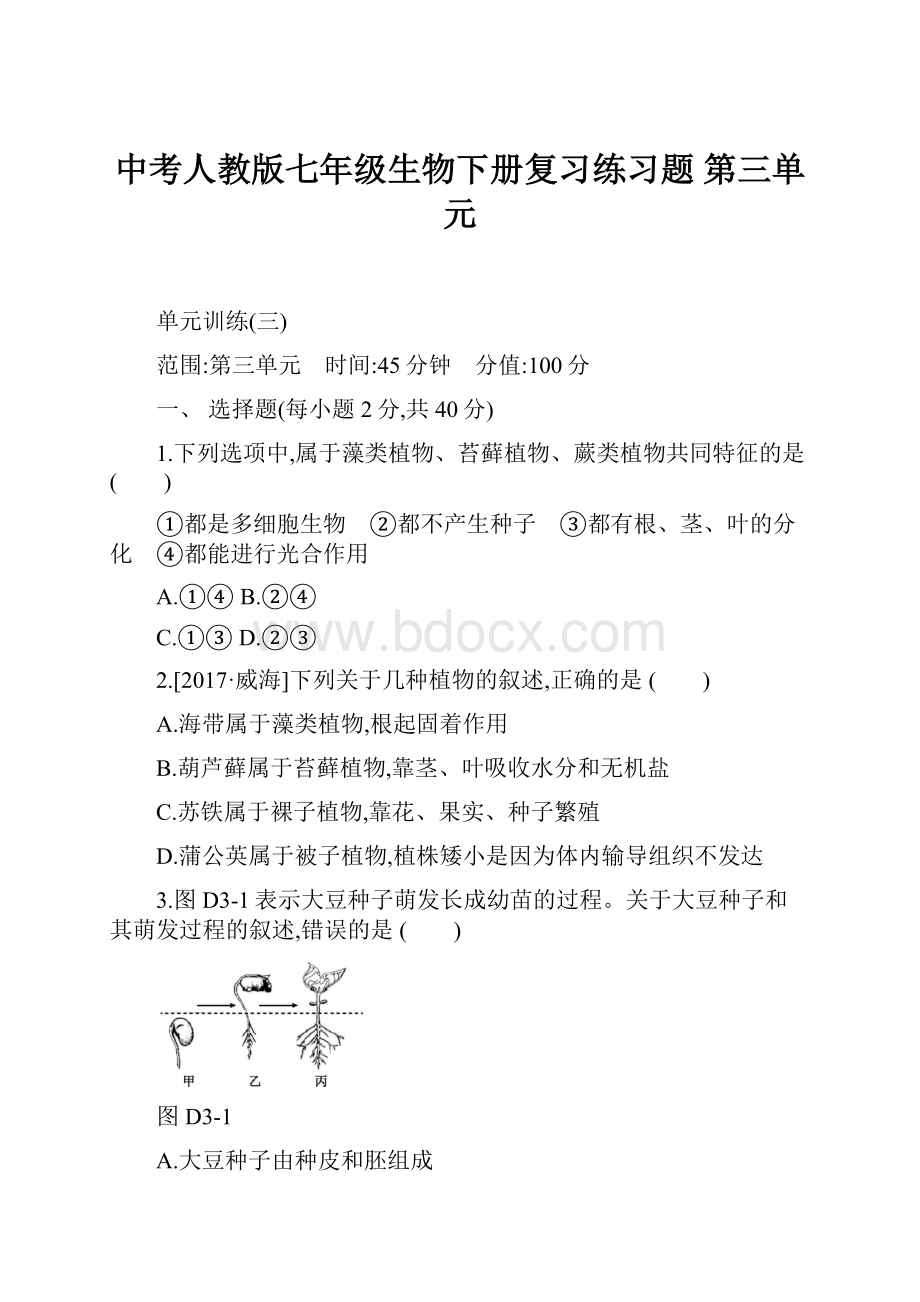 中考人教版七年级生物下册复习练习题 第三单元.docx_第1页