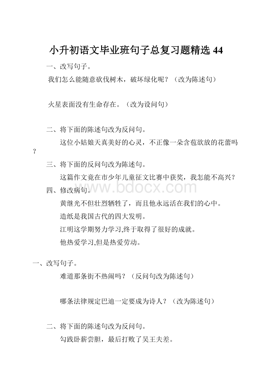 小升初语文毕业班句子总复习题精选44.docx