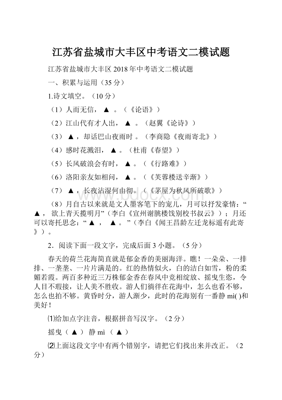 江苏省盐城市大丰区中考语文二模试题.docx