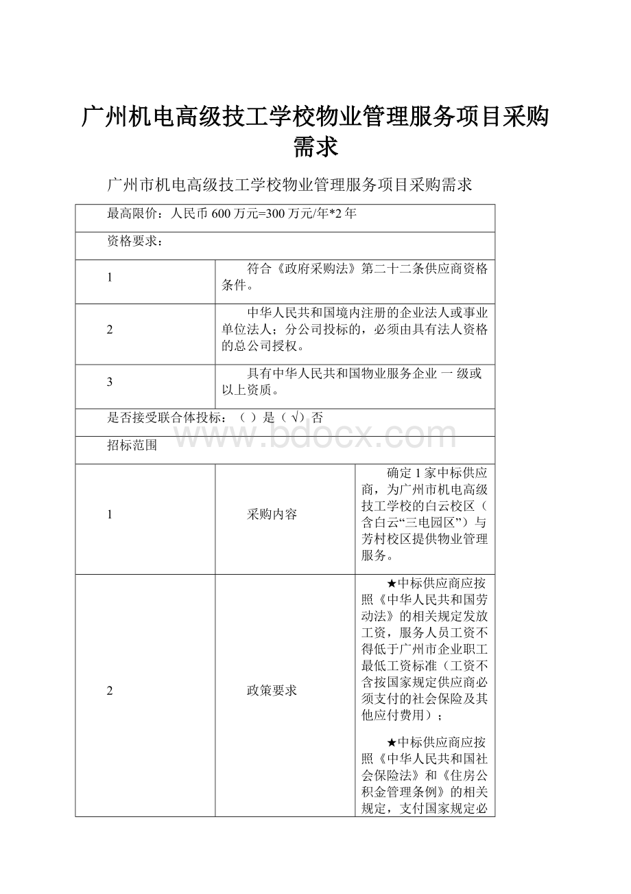 广州机电高级技工学校物业管理服务项目采购需求.docx_第1页