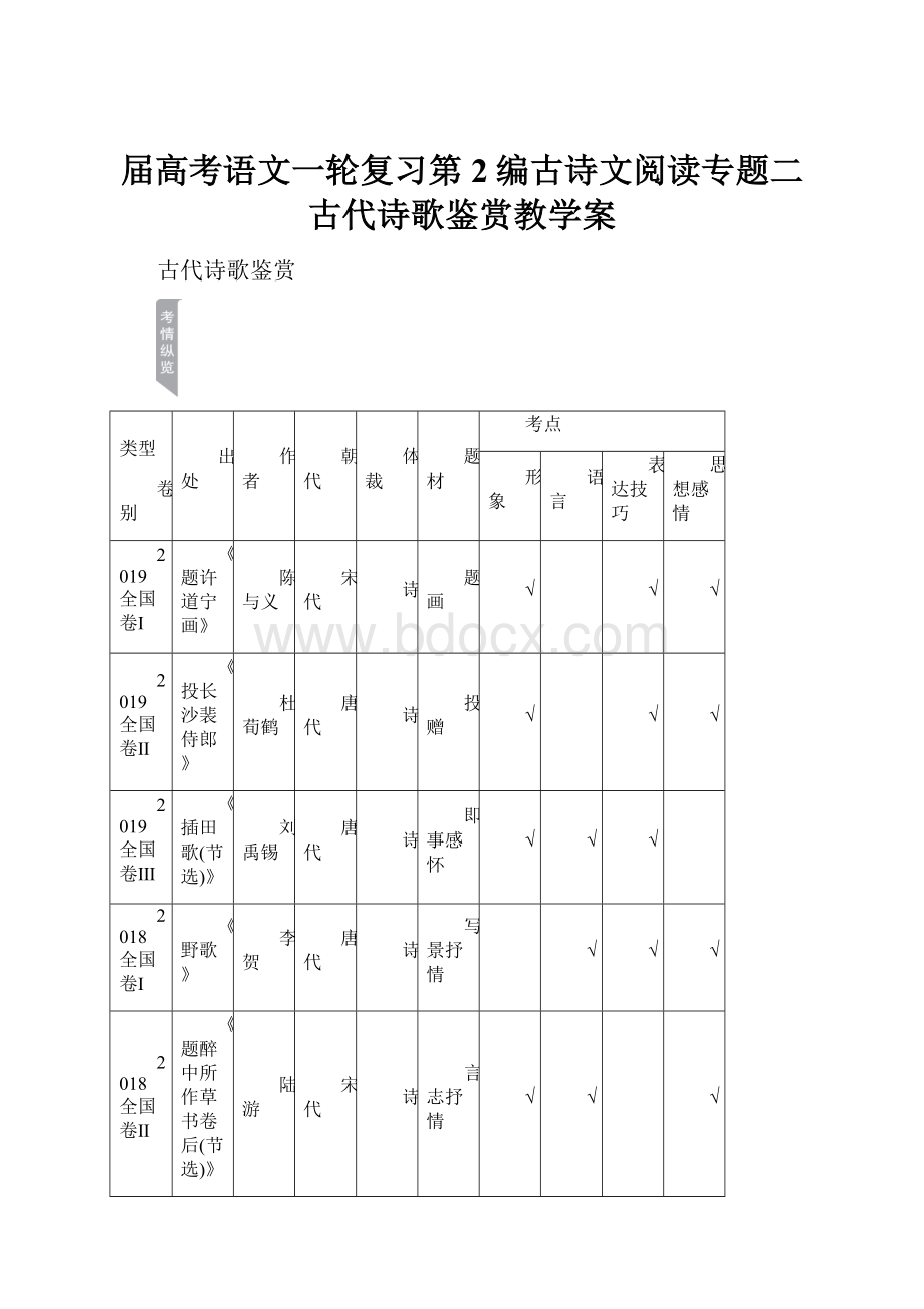 届高考语文一轮复习第2编古诗文阅读专题二古代诗歌鉴赏教学案.docx_第1页