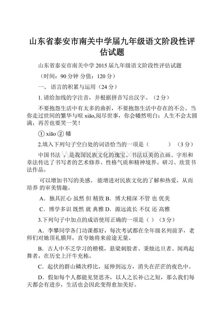 山东省泰安市南关中学届九年级语文阶段性评估试题.docx_第1页