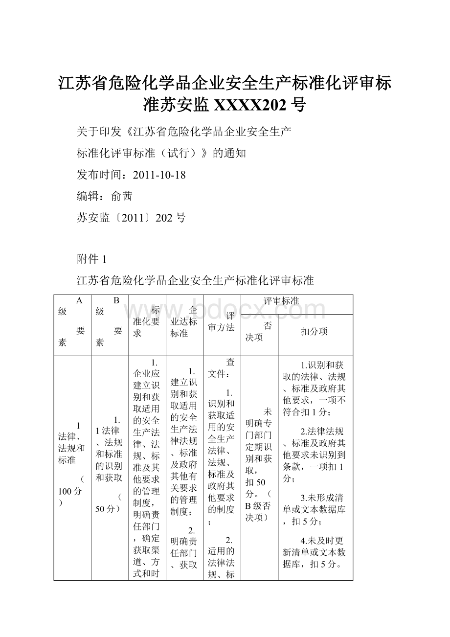 江苏省危险化学品企业安全生产标准化评审标准苏安监XXXX202号.docx