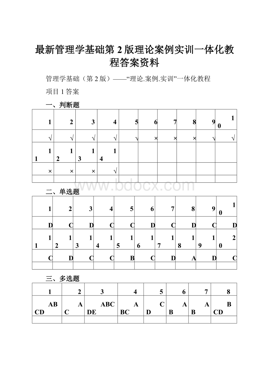 最新管理学基础第2版理论案例实训一体化教程答案资料.docx_第1页