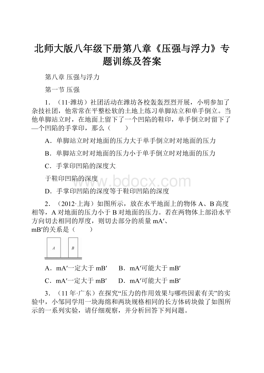 北师大版八年级下册第八章《压强与浮力》专题训练及答案.docx