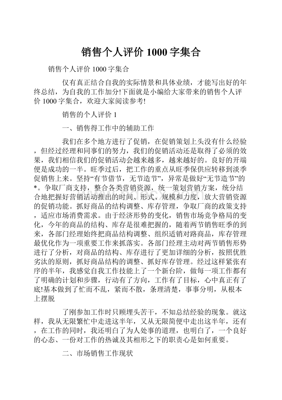 销售个人评价1000字集合.docx