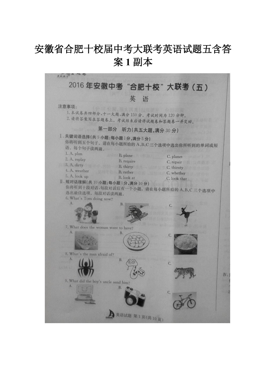 安徽省合肥十校届中考大联考英语试题五含答案1副本.docx_第1页