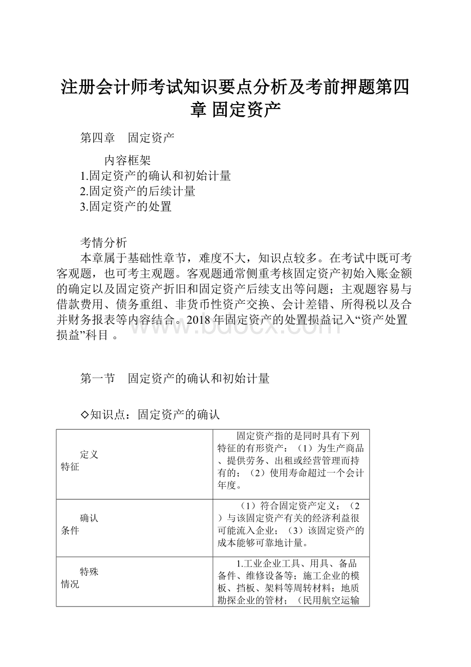 注册会计师考试知识要点分析及考前押题第四章 固定资产.docx_第1页