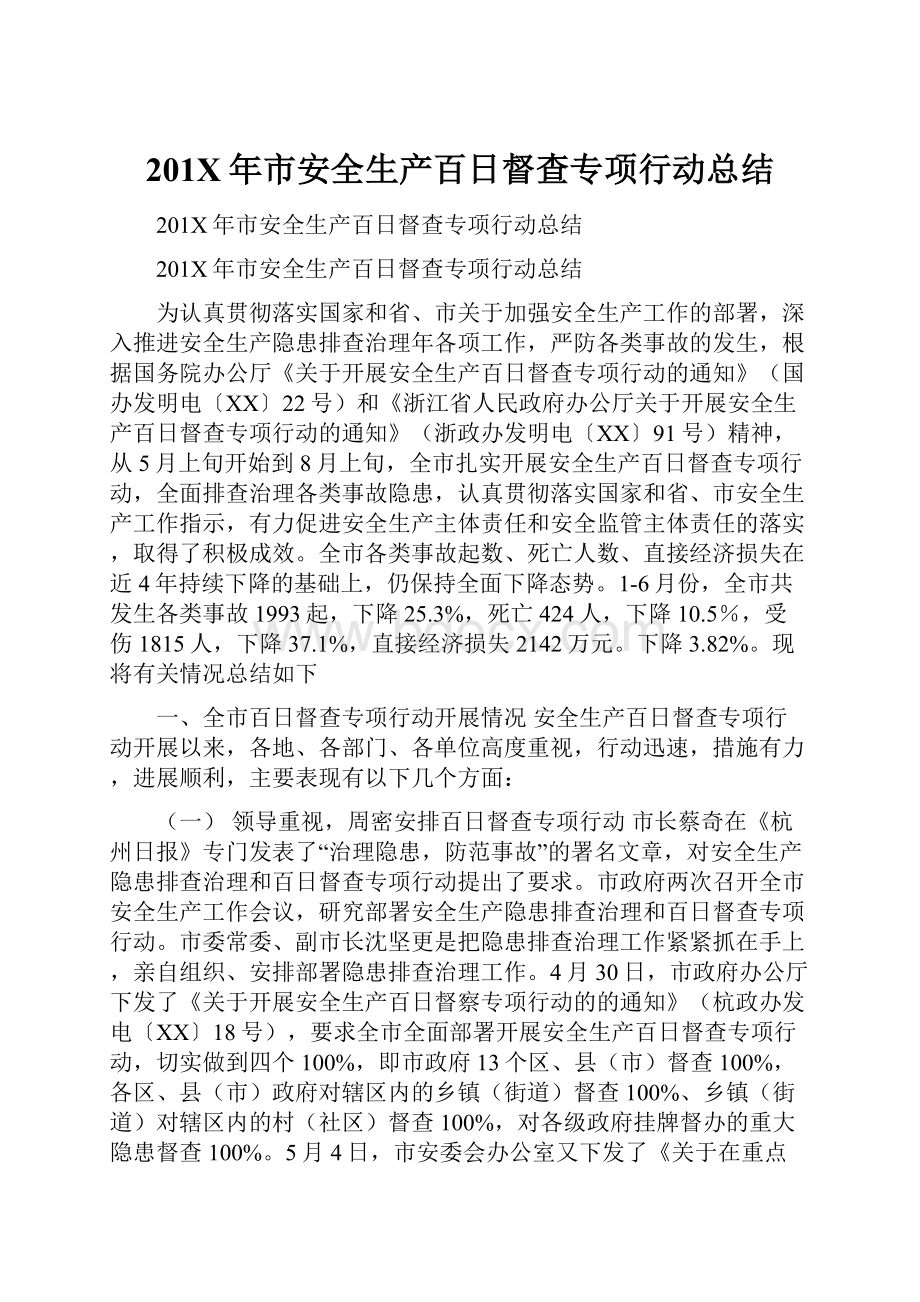 201X年市安全生产百日督查专项行动总结.docx