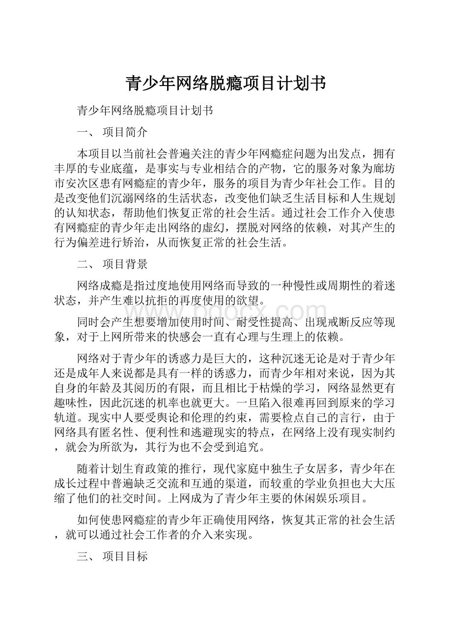 青少年网络脱瘾项目计划书.docx_第1页