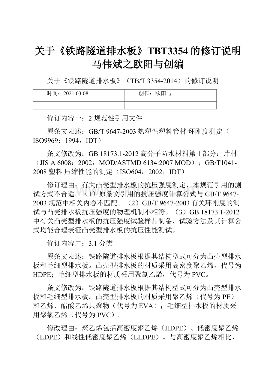 关于《铁路隧道排水板》TBT3354的修订说明马伟斌之欧阳与创编.docx