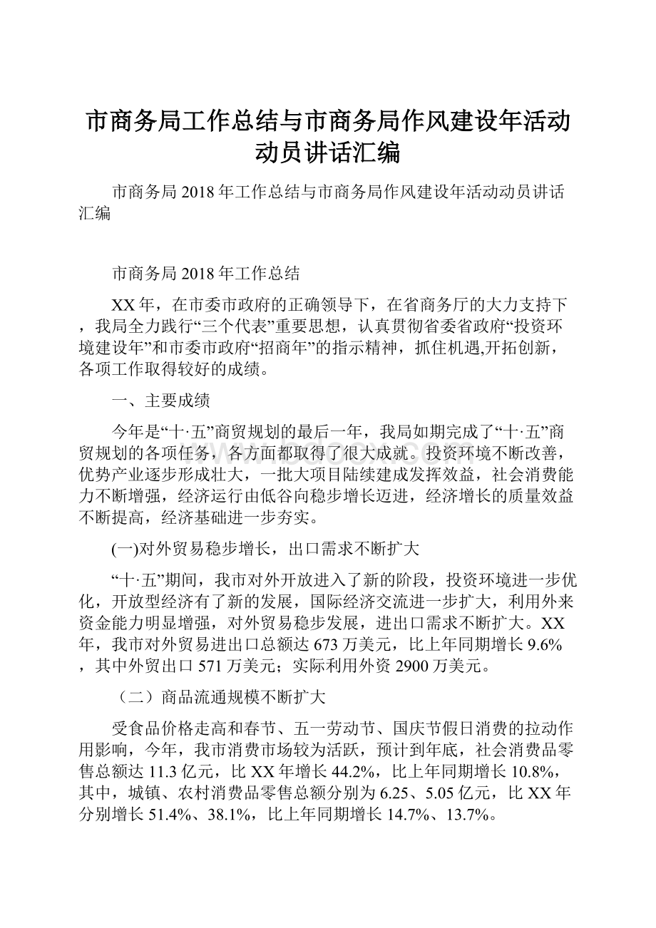 市商务局工作总结与市商务局作风建设年活动动员讲话汇编.docx_第1页