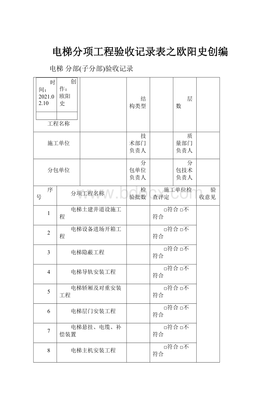 电梯分项工程验收记录表之欧阳史创编.docx_第1页