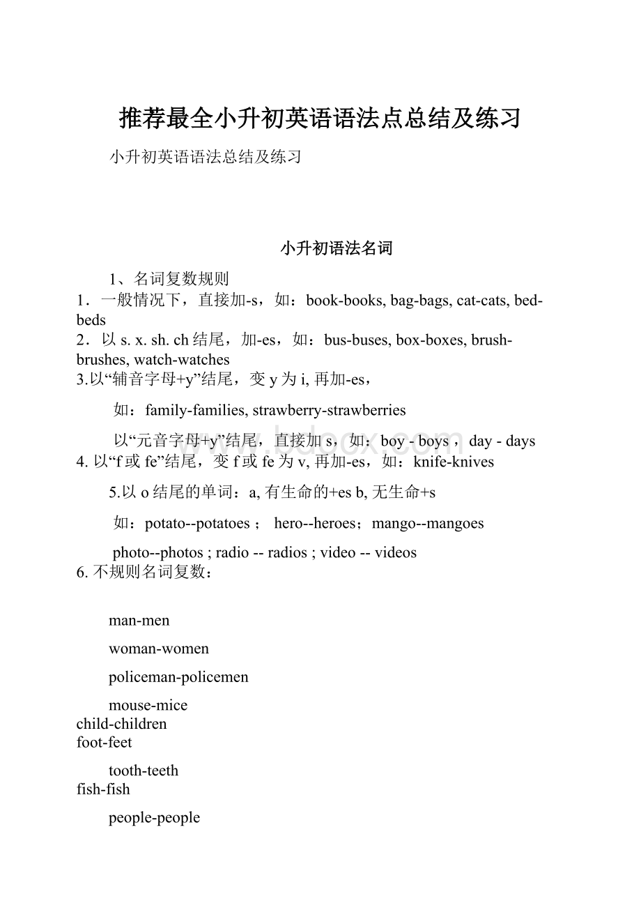 推荐最全小升初英语语法点总结及练习.docx