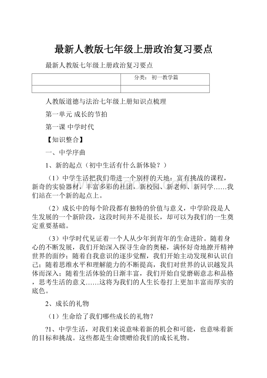 最新人教版七年级上册政治复习要点.docx