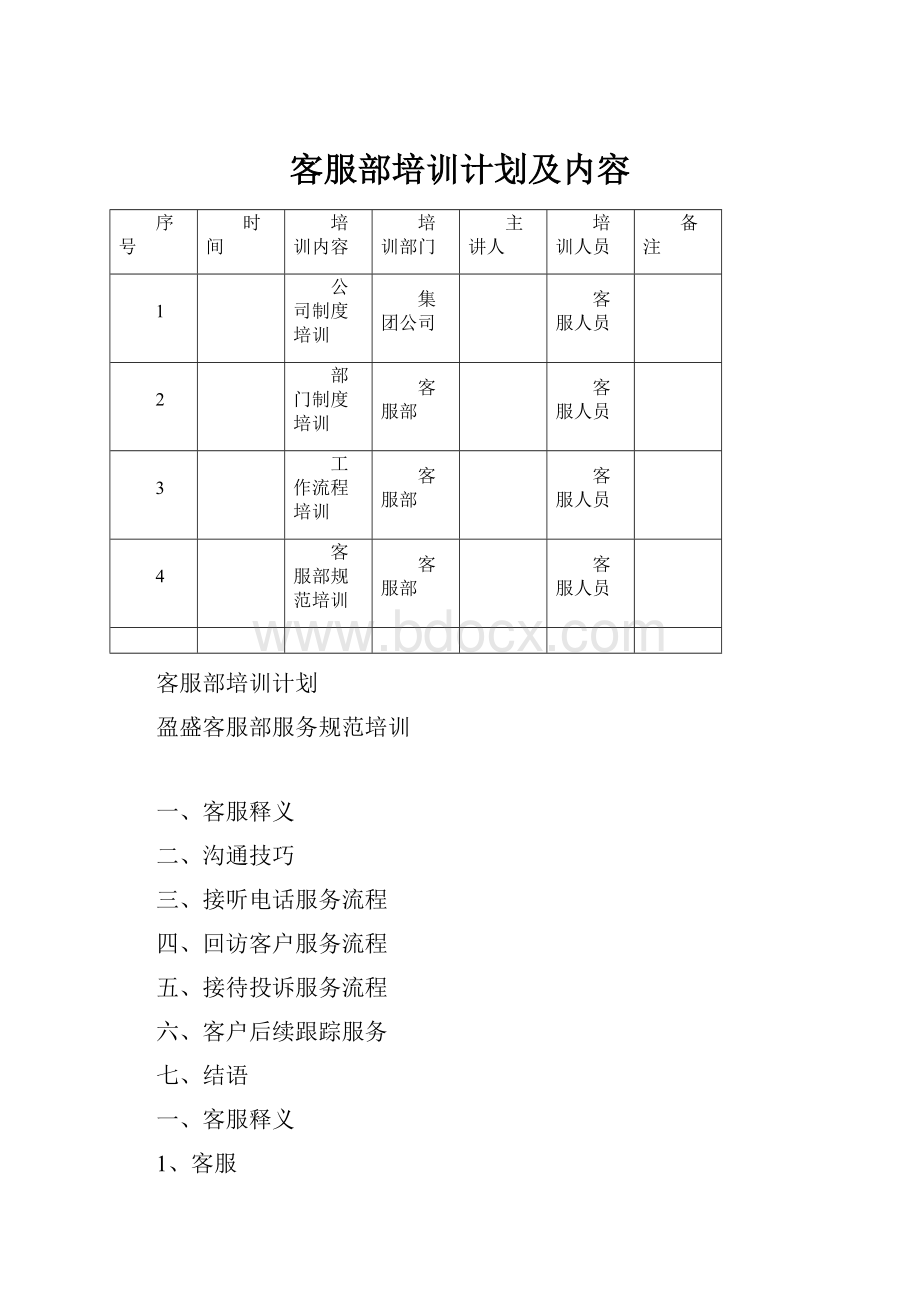 客服部培训计划及内容.docx