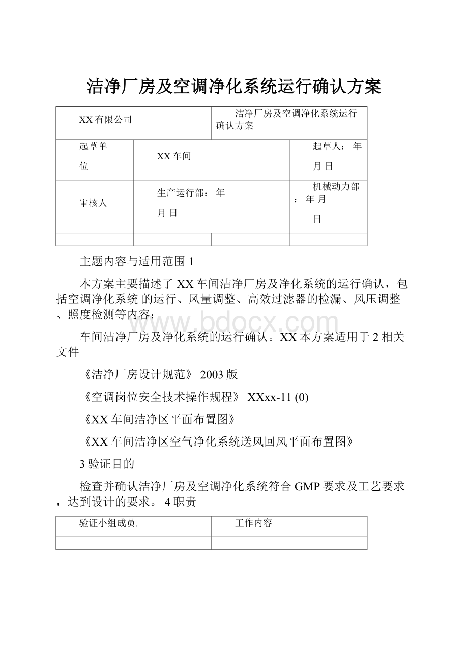 洁净厂房及空调净化系统运行确认方案.docx_第1页