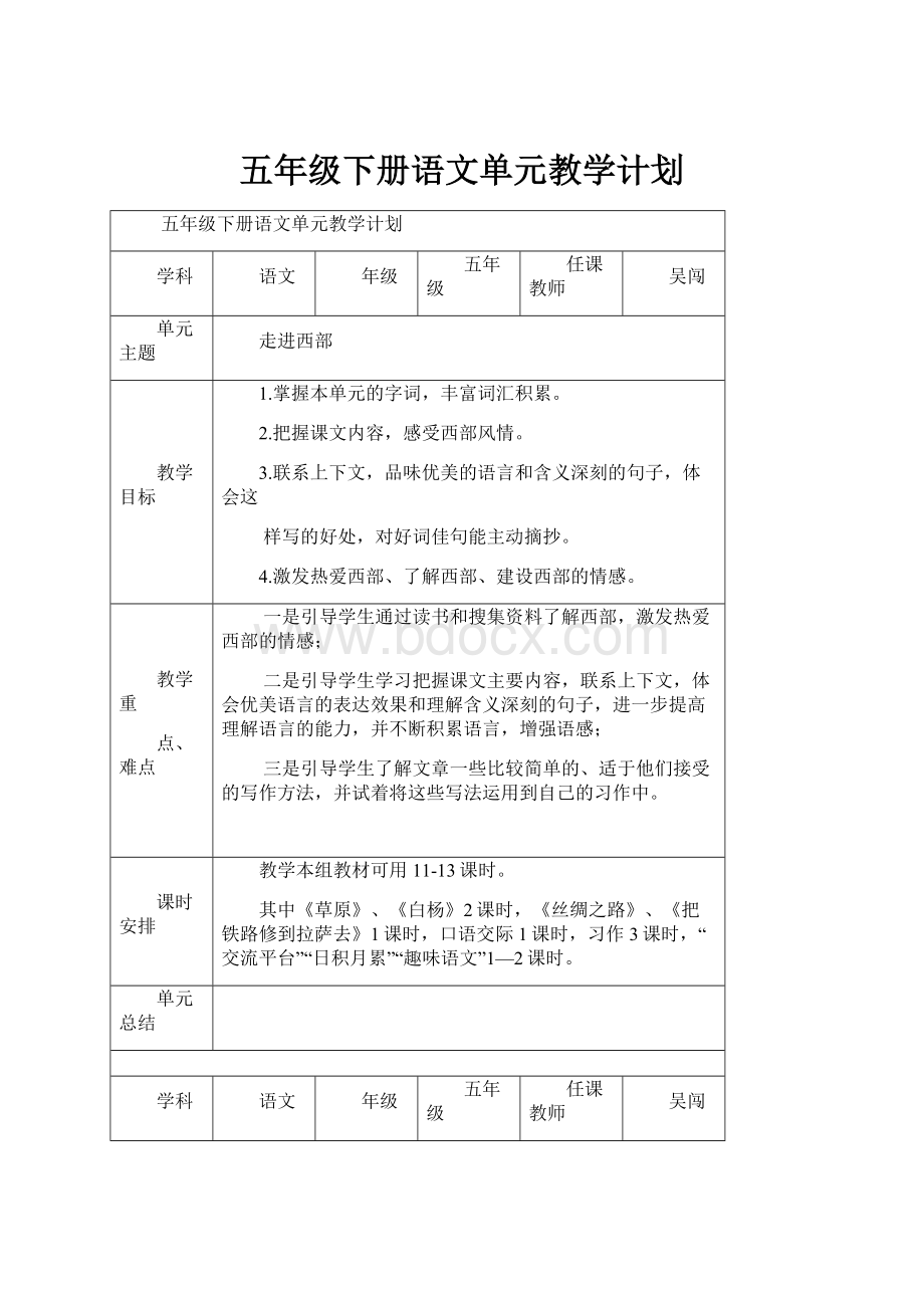 五年级下册语文单元教学计划.docx_第1页