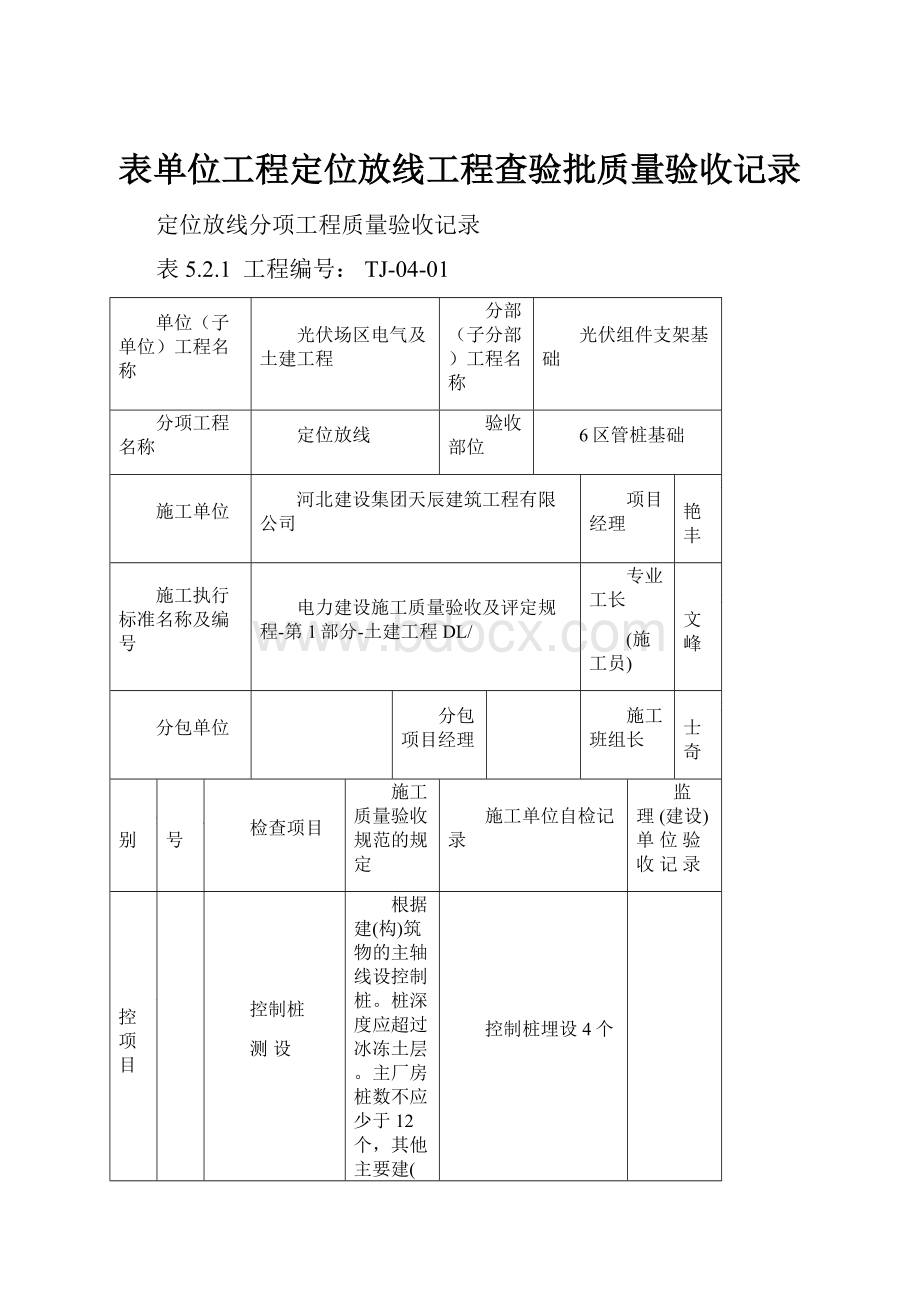 表单位工程定位放线工程查验批质量验收记录.docx_第1页