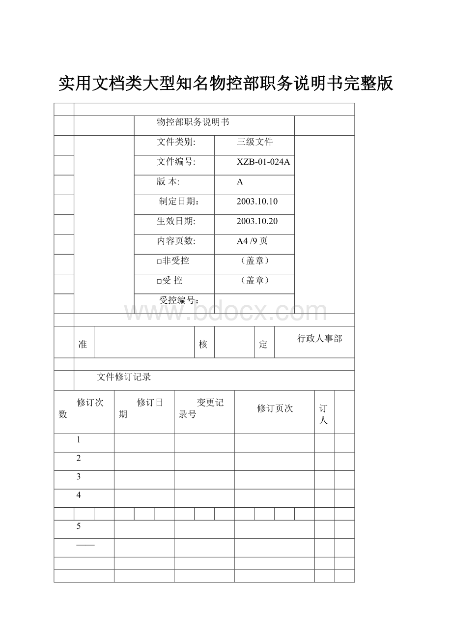 实用文档类大型知名物控部职务说明书完整版.docx