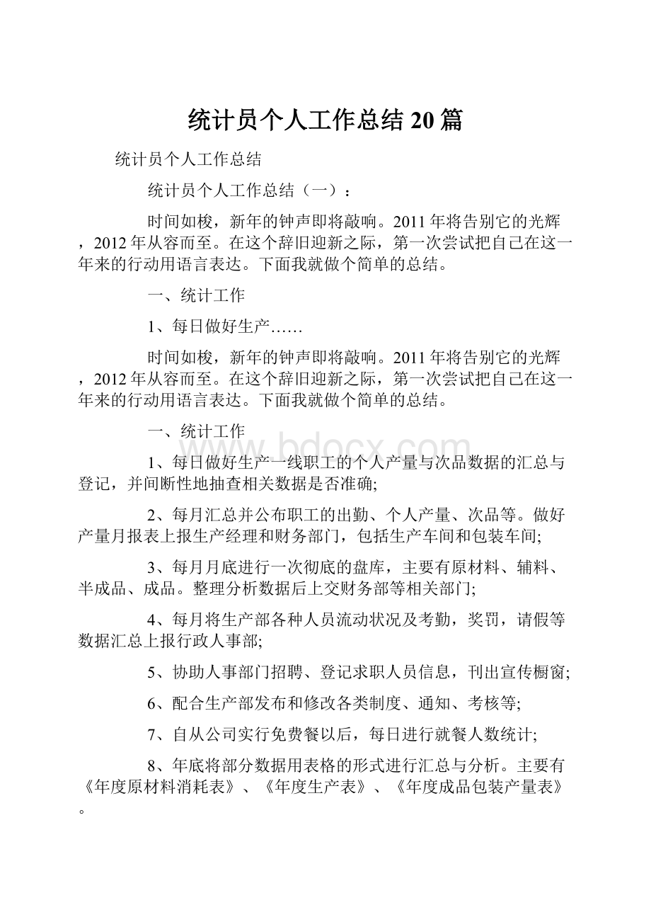 统计员个人工作总结20篇.docx