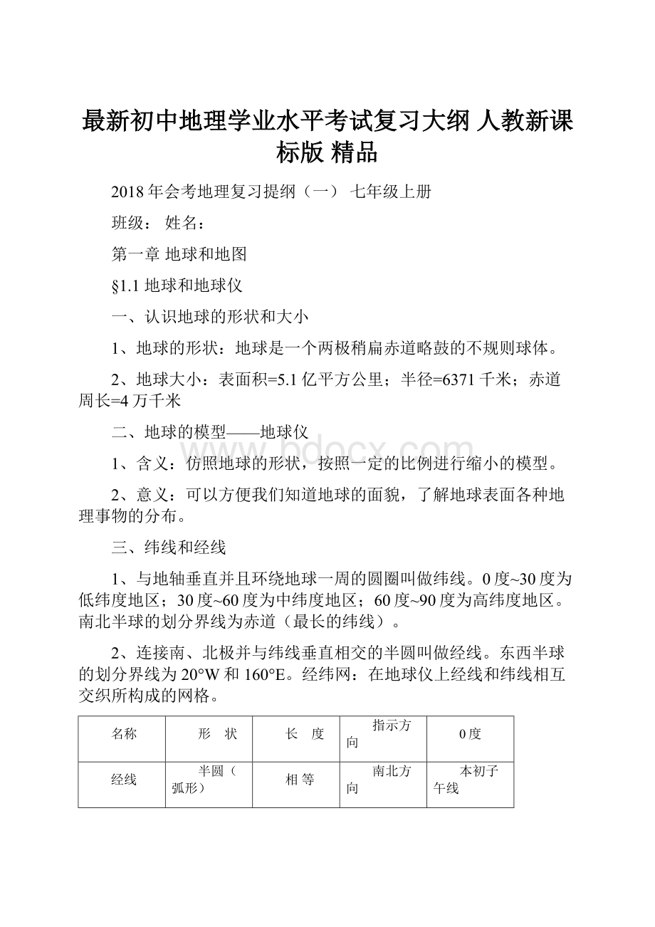 最新初中地理学业水平考试复习大纲 人教新课标版 精品.docx_第1页