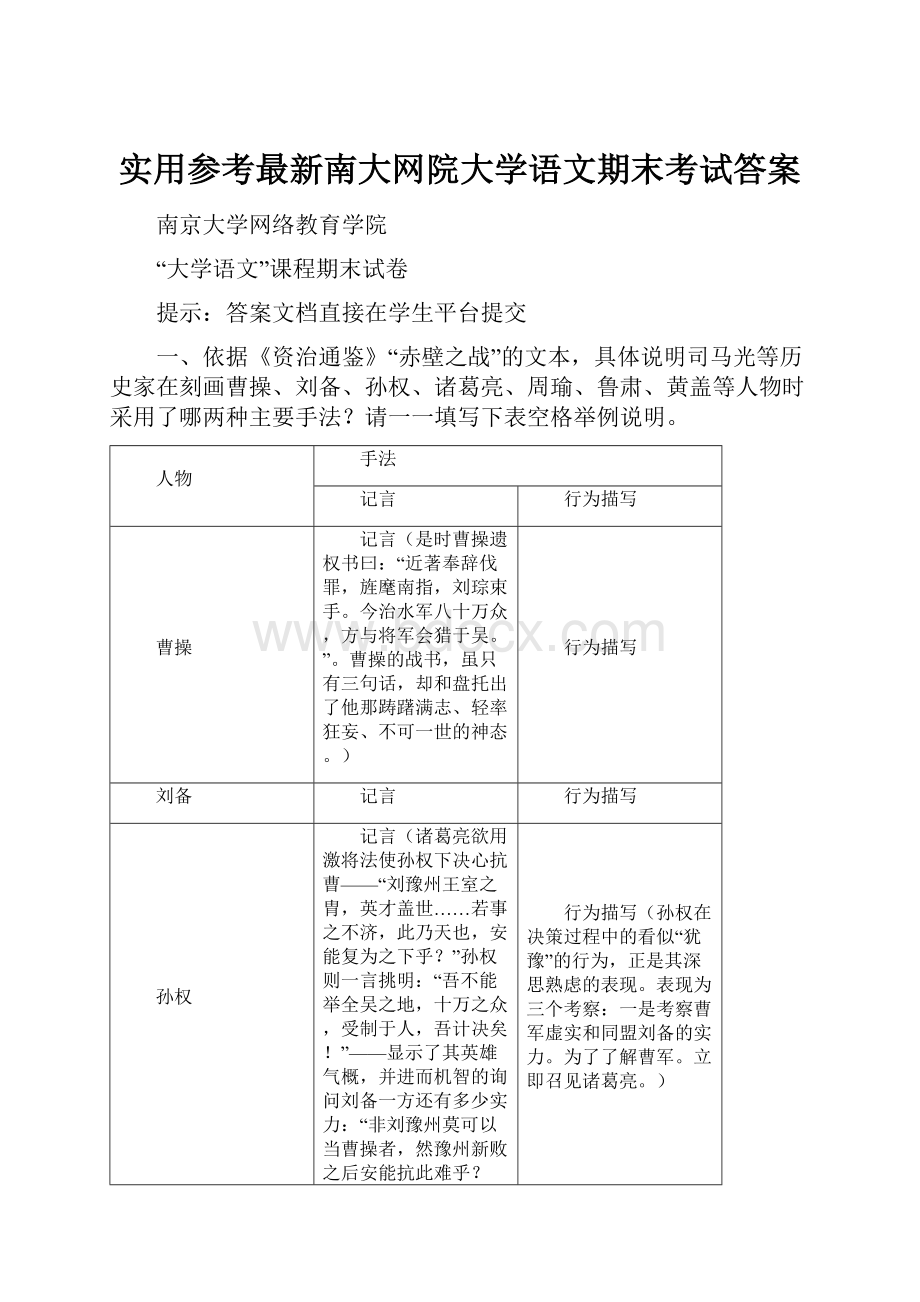 实用参考最新南大网院大学语文期末考试答案.docx