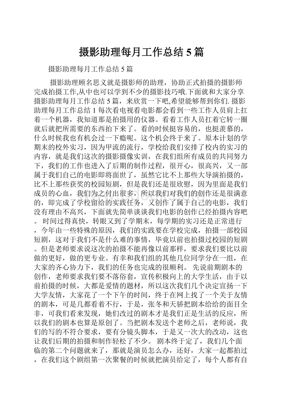 摄影助理每月工作总结5篇.docx