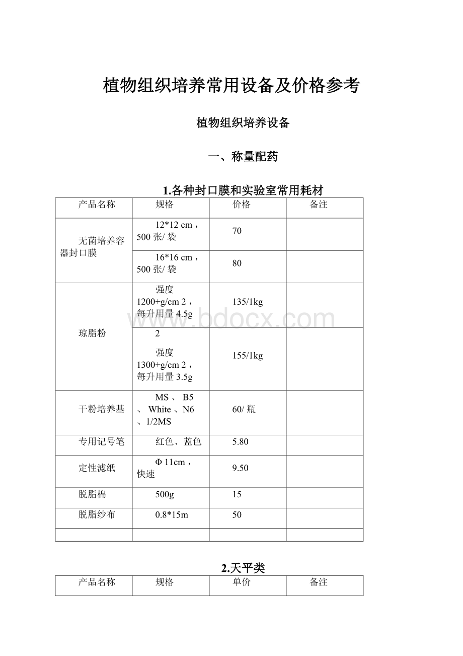 植物组织培养常用设备及价格参考.docx