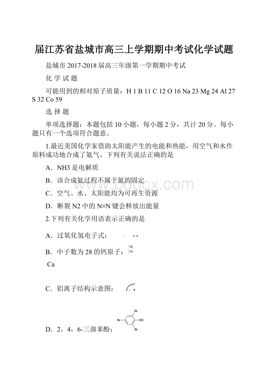 届江苏省盐城市高三上学期期中考试化学试题.docx